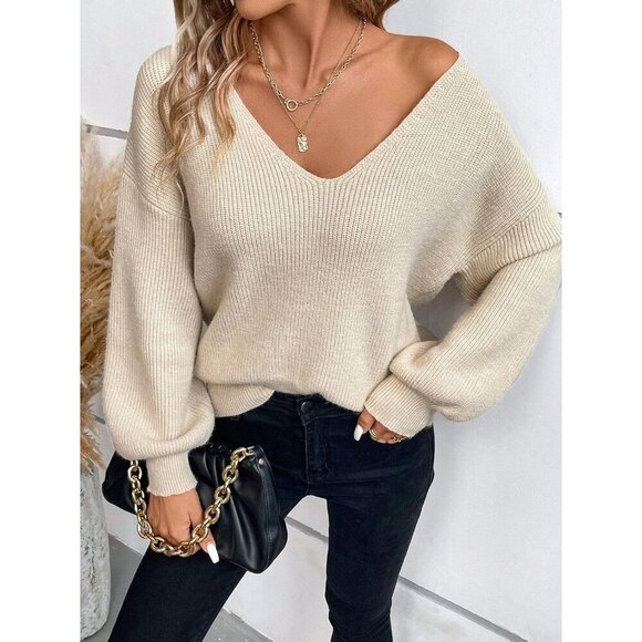 V Neck Sweater Women Knit Off Shoulder Long Sleeve Top Tie Back Apricot - Picture 6 of 6